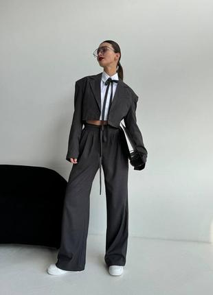 Класичний 3-ка чокер бант костюм прямий довгий піджак прямі штани брюки жіночий широкі палаццо кант висока посадка кльош кюлоти