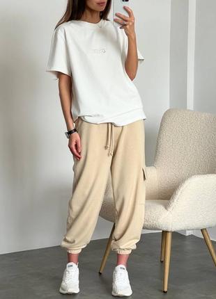 Костюм кулир натуральный качественный брюки карго оверсайз топ футболка длинная оверсайз облегающий майка по фигуре спортивный прогулочный3 фото
