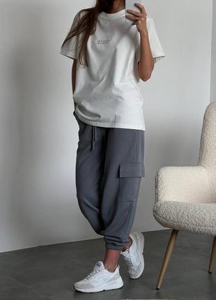 Костюм кулир натуральный качественный брюки карго оверсайз топ футболка длинная оверсайз облегающий майка по фигуре спортивный прогулочный2 фото