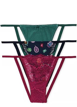 Набір трусиків victoria secret 3-pack bejeweled charm v-string panties оригінал/ трусики victoria secret