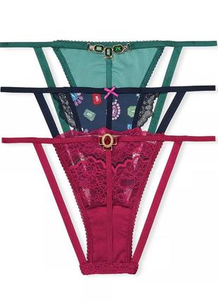 Набор трусиков victoria secret 3-pack bejeweled charm v-string panties оригинал/ трусики victoria secret2 фото