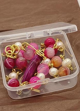 Комплект з двох браслетів і сережок з малинового агату і річкових перлів "мерілін". комплект з натурального каміння10 фото
