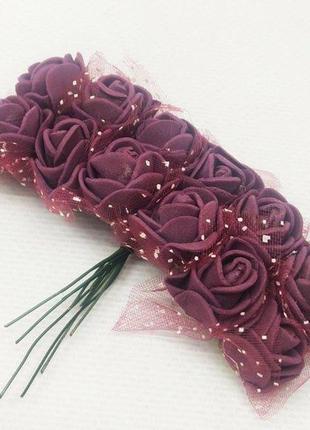 Фоаміранові трояндочки з фатіном  (12шт) колір - бордо-темний