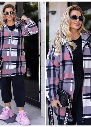 Флисовый женский теплый кардиган в клетку больших размеров 48-58 р