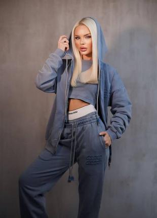 Костюм спортивний 3кв в стилі miu блакитний топ мастерка штани