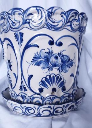 Большая винтажная кашпо худи синяя эмаль ручная роспись