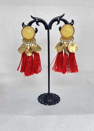 Серьги с бахромой красные косточки