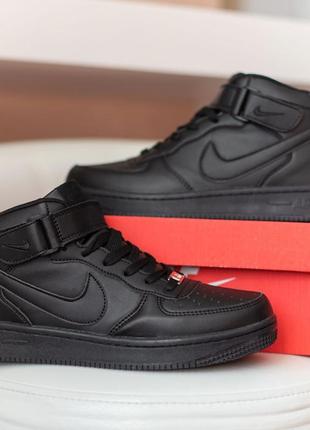 Nike air force 1 mid кроссовки кеды мужские найк форс высокие кожаные кожа черные на липучке весенние демисезонные отменные качество