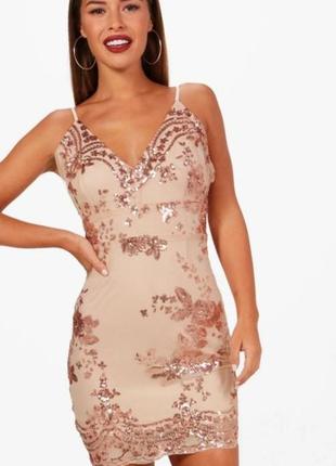 Нарядна вечірня сукня плаття міні блискуча золотиста вишивка паєтки boohoo