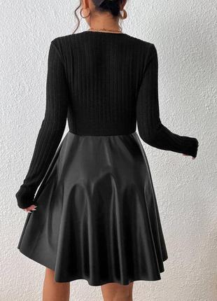Платье черная миди baby doll с юбкой из экокожи 🖤2 фото
