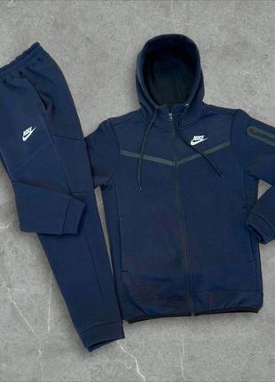 Мужской теплый осенний спортивный костюм в стиле nike tech fleece найк теч флис синий на флисе