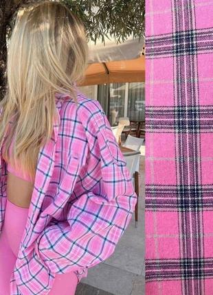 Сорочка з бавовни подовжена оверсайз на гудзиках рубашка чорний біла рожева блакитна помаранчева у клітинку трендова стильна