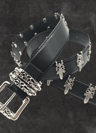 Ремінь chrome hearts чорного кольору панк готичний металева пряжка y2k, хром хартс із хрестами