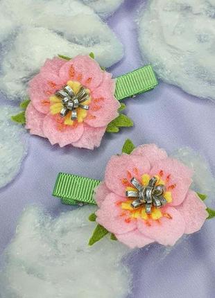 Супер заколки для детской прически розовые цветы  "сакура" handmade
