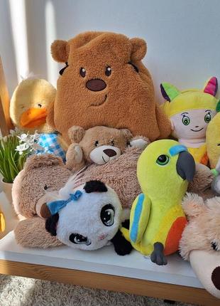 Набор мягких игрушек, мишка, попугая, пандочка, утка