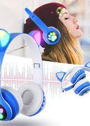 Беспроводные детские bluetooth наушники с кошачьими ушками и цветной подсветкой cat vzv-23m голубой