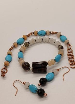 Комплект 2 браслети і сережки з говліту, раухтопазу, агату, авантюрину "клеопатра". комплект з натурального каміння