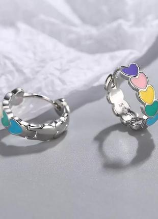 Серьги сережки серёжки круглые кольца колечки маленькие с сердечками под серебро детские разноцветные цветные 15 мм