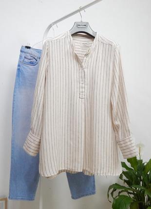 Льняная удлиненная рубашка в полоску туника с разрезами лен натуральная