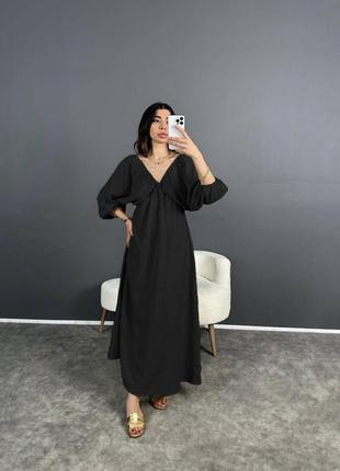 Длинное свободное летнее платье туника сарафан из муслина хлопковое с открытой спиной с декольте чёрное с пышной юбкой солнце расклешенное