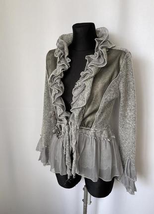 Кардиган з рюшами кофта романтик оборки романтичний на зав'язках lissa paris сірий з люрексом