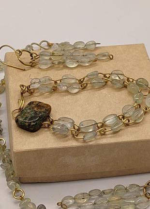 Комплект из браслета, серьг, ожерелья из пренита и яшмы "летний дощик". браслет из натуральных камней8 фото