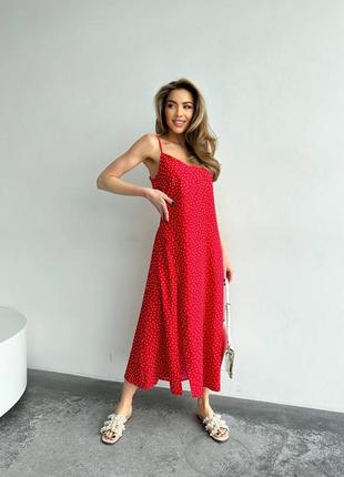 Сарафан на тонких бретельках платье длинное расклешенное  красный  с разрезом в горох5 фото