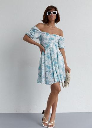 Летнее платье мини с драпировкой спереди - бирюзовый цвет, m (есть размеры)7 фото