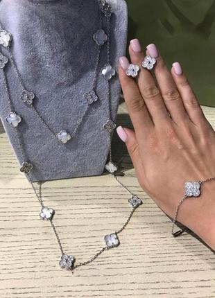 Підвіска довга подвійна в сріблястому кольорі з цирконієм, 10 елементів/елегантні та стильні прикраси конюшини