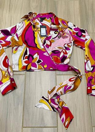 Акция 🎁 новая укороченная рубашка new look из атласа с абстрактным завязкой и боковым запахом в стиле ретро zara asos4 фото