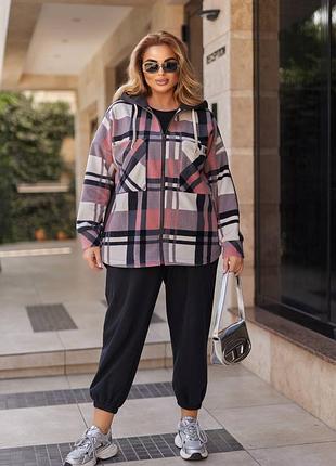 Жіноча тепла сорочка у клітинку з капюшоном на близкавці утеплена на флісі осінь демі зима