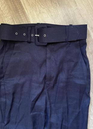 Стильные синие льняные/лен штаны, брюки с ремнем на высокой посадке zara, p.xxs/xs2 фото