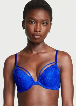 Синий комплект белья бюстгальтер пуш-ап трусики со стрипами victoria's secret 34a s кружевной 75а4 фото
