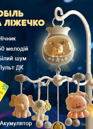 Мобиль детский на кроватку аккумуляторный с проектором, музыкальная карусель jungle melody, бежевый