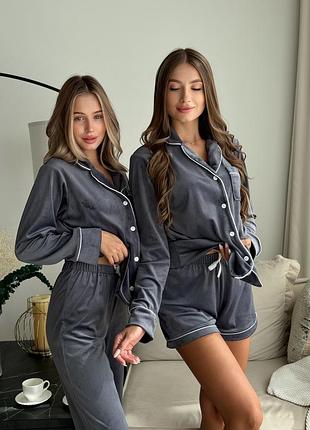 Плюшева піжама сорочка на ґудзиках зі штанами і шортики. піжама плюш трійка рубашка, штани і шорти.