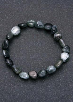 Браслет из натурального камня соколиный глаз на резинке галтовка d-10х12(+-)мм обхват 18см