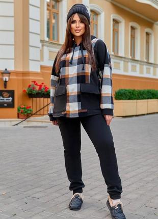 Спортивний костюм на флісі кофта кенгуру вільного крою худі штани джогери комплект стильний базовий чорний зелений