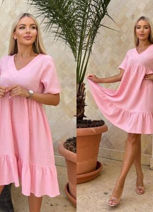 Платье короткое миди свободное хлопковое из муслина розовое барби с короткими рукавами туника сарафан вечернее для беременных9 фото
