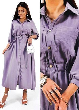 Сукня-сорочка максі довжини з широкою гумкою на поясі