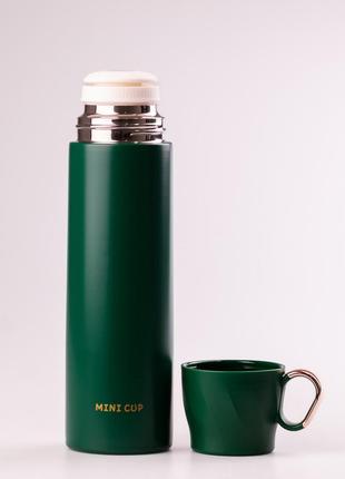 Термос з чашкою та клапаном mini cup 500мл з металевою колбою зелений3 фото
