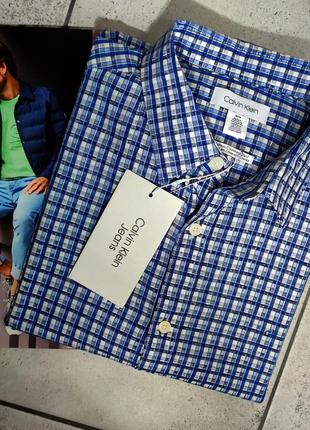 Мужская элегантная хлопковая рубашка синяя в клетку calvin TER klein  оригинал  размер м
