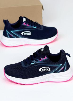 Молодежные кроссовки в спортивном варианте из текстиля, синие с розовым (фуксия) для бега, зала летн3 фото
