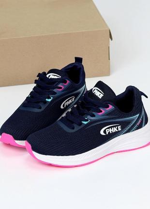 Молодежные кроссовки в спортивном варианте из текстиля, синие с розовым (фуксия) для бега, зала летн7 фото