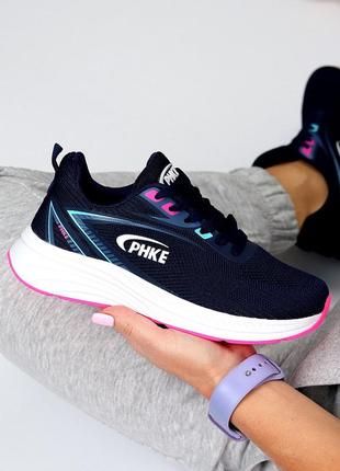 Молодежные кроссовки в спортивном варианте из текстиля, синие с розовым (фуксия) для бега, зала летн8 фото
