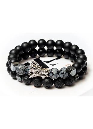 Двойной браслет мужской dms jewelry из шунгита, лавы, обсидиана с драконом gray dragon1 фото