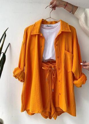 Костюм сорочка вільного крою з довгими рукавами рубашка шорти короткі бермуди на високій посадці комплект рожевий фіолетовий оранжевий бежевий