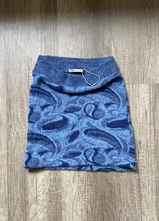 Трендовая новая синяя пушистая мини юбка в принт zara, p.s/m