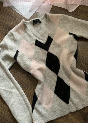 Кашеміровий светр кофта кашемір 100% сірий з рожевим і чорним ромб принт xxs xs s f&f