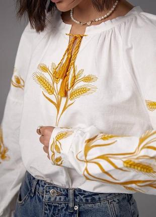 Вышиванка женская белая длинный рукав орнамент колосок3 фото