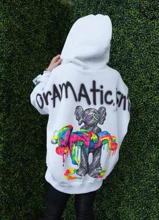 Яскравий новий жіночий вільний теплий білий оверсайз худі світшот кофта на флісі з яскравим абстрактним принтом малюнком на спині з капюшоном🔥